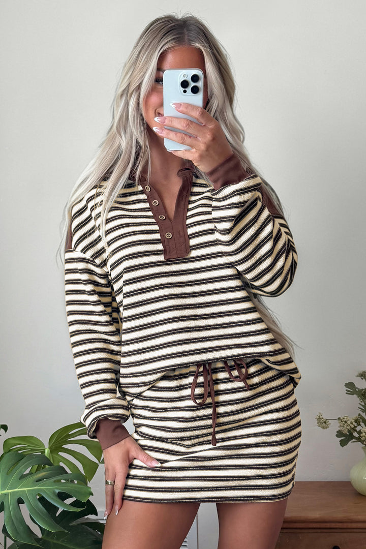 Brown Stripe Contrast Trim Button Neck Long Sleeve Top Drawstring Mini Skirt Set