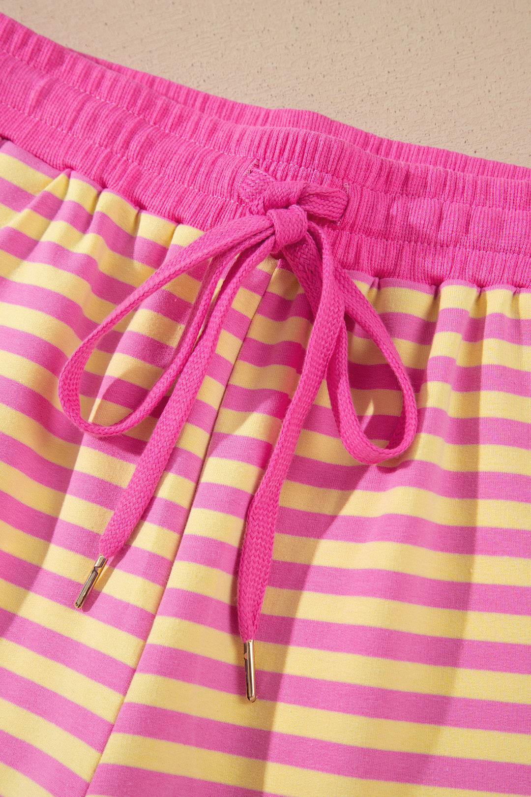 Rose Red Striped Long Sleeve Zip-Up Hoodie Drawstring Elastic Waist 2pcs Short Set