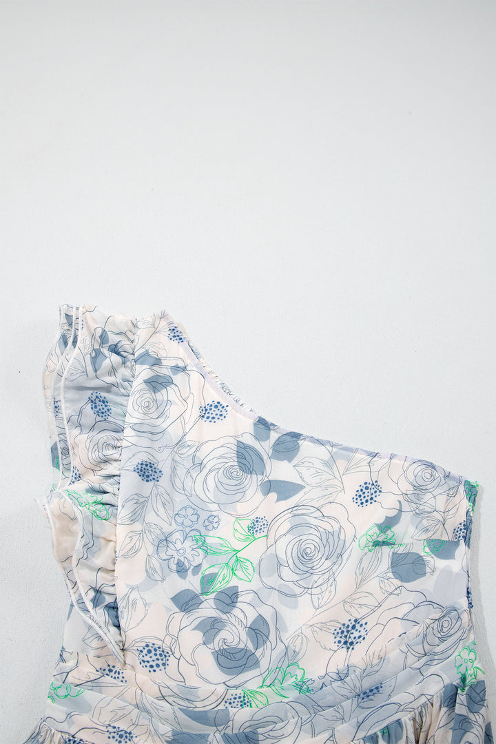 Sky Blue Floral Print Ruffled One Shoulder Vacation Maxi Dress