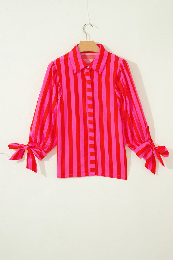 Red Stripe Tie Puff Sleeve Womens Button Down Shirt