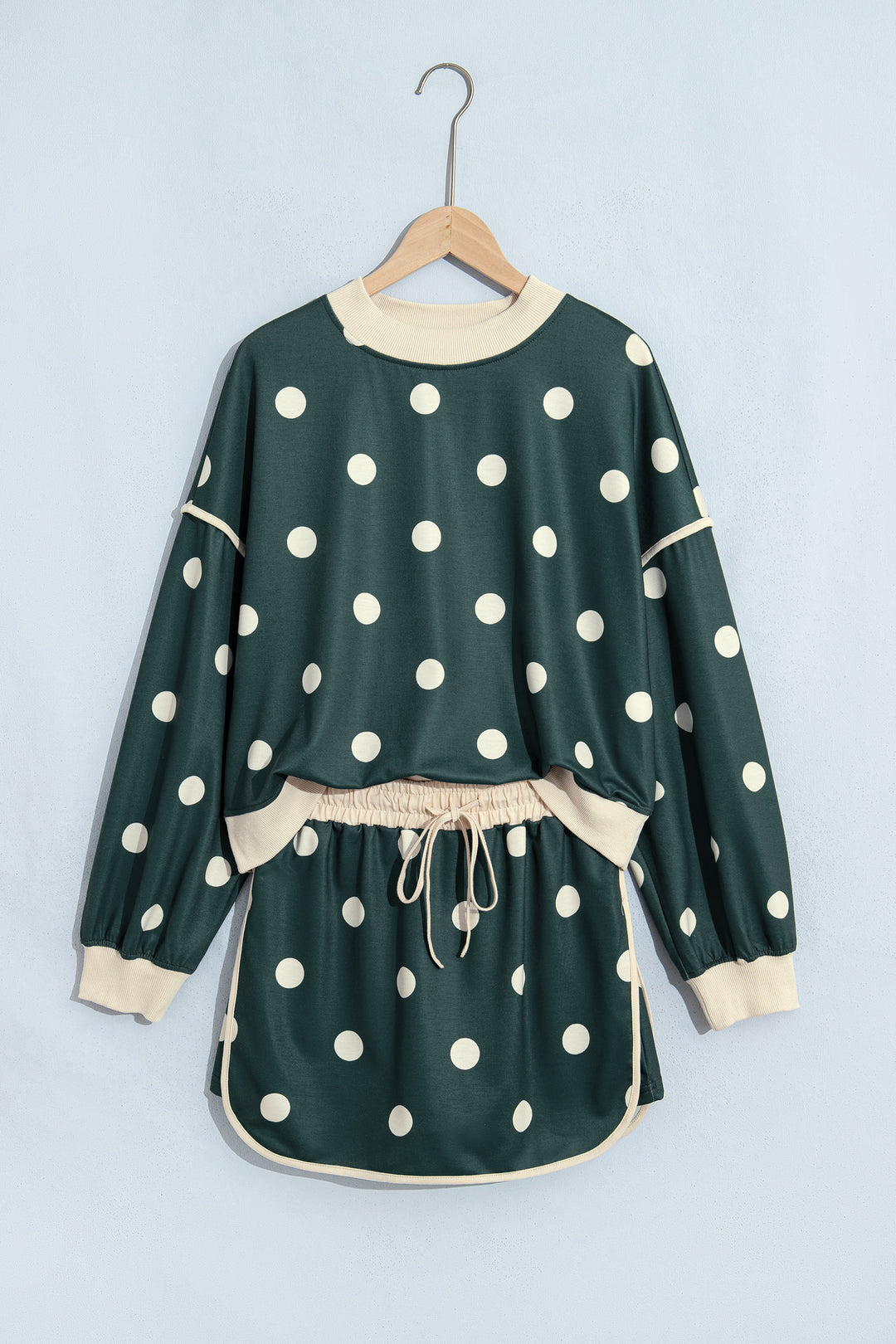 Green Polka Dot Print Color Block Trim Baggy Pullover Drawstring Skirt 2pcs Set