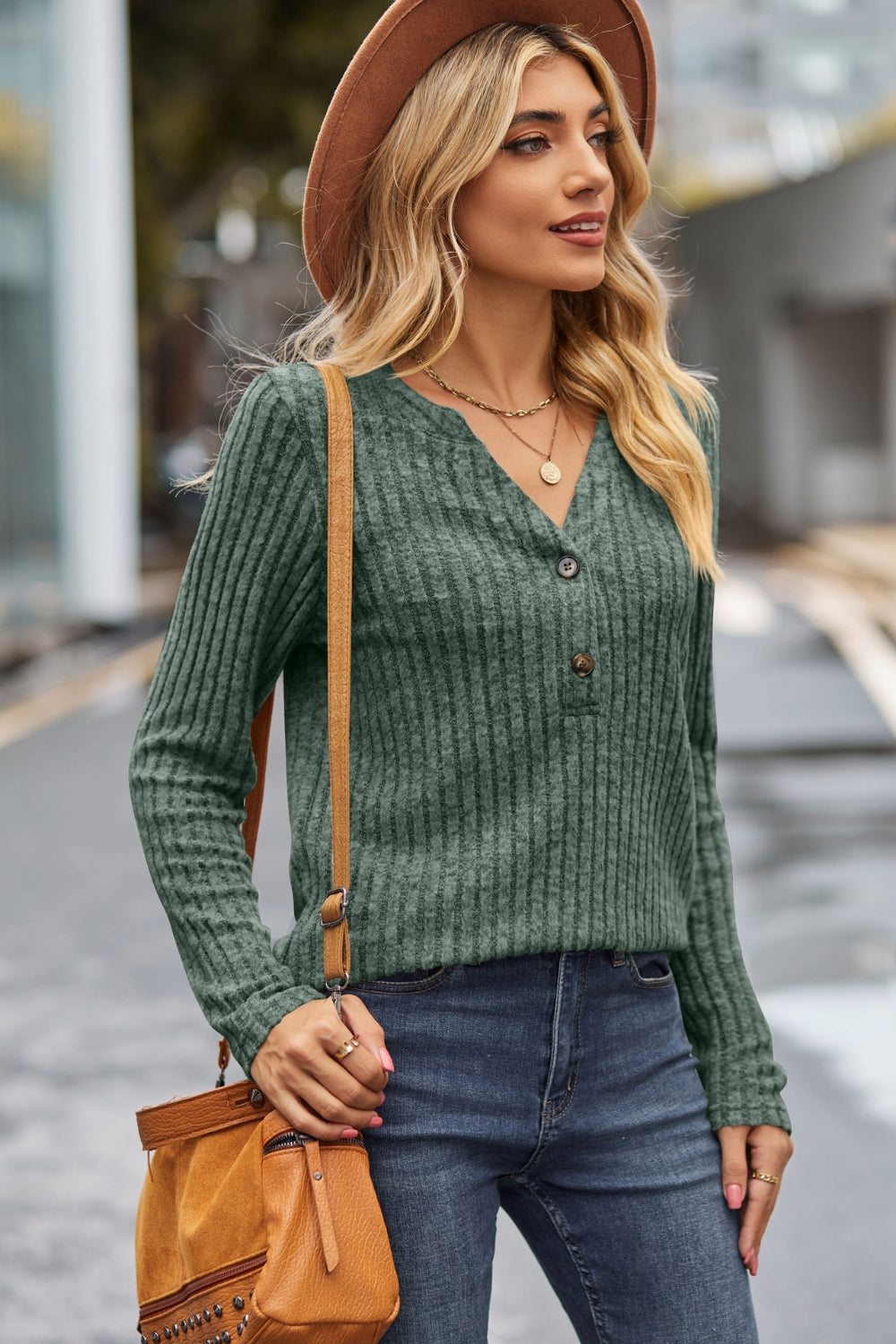 Lovelet Ribbed Half Button Long Sleeve Knit Top