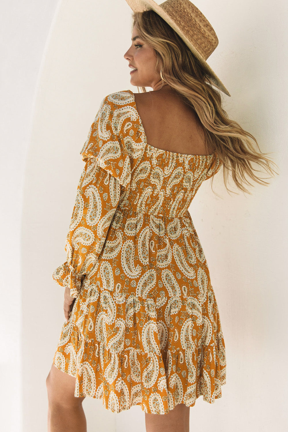 Yellow Boho Paisley Long Sleeve Floral Dress