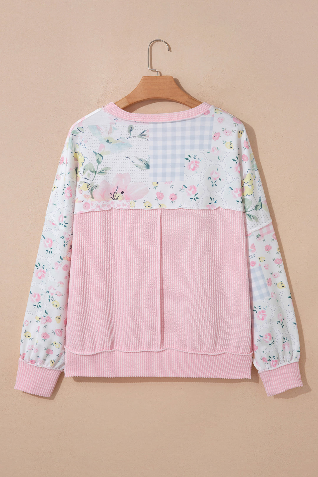 Pink Twisted Ribbed Trim Floral Print Patchwork Long Sleeve Top