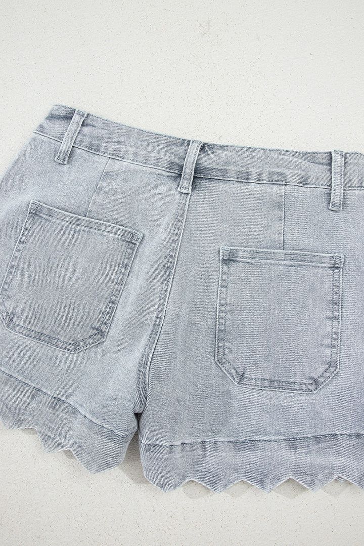Scalloped Acid Wash High Waist Denim Shorts