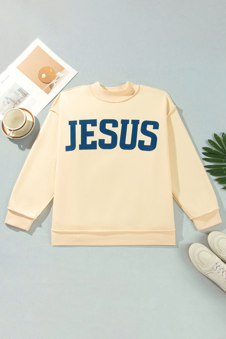 Yellow Jesus Slogan Stand Neck Long Sleeve Oversized Tunic Plus Size Sweatshirt
