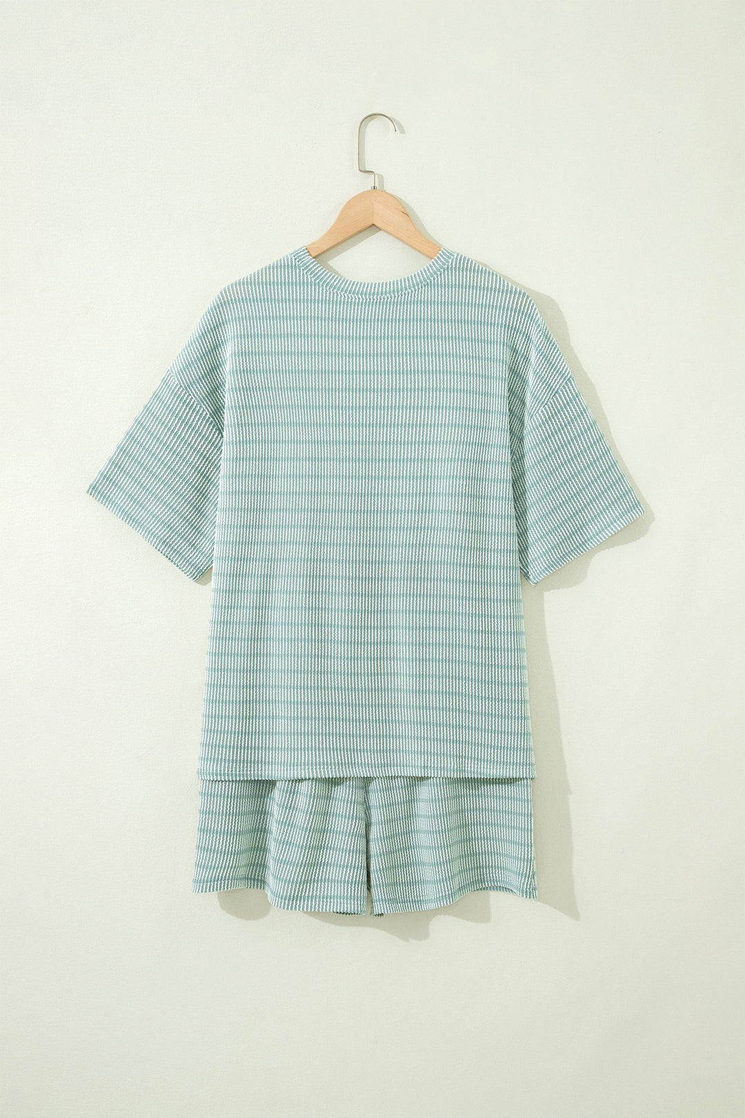Rose Stripe Raised Rib Loose Tee Drawstring Elastic Waist 2pcs Short Set