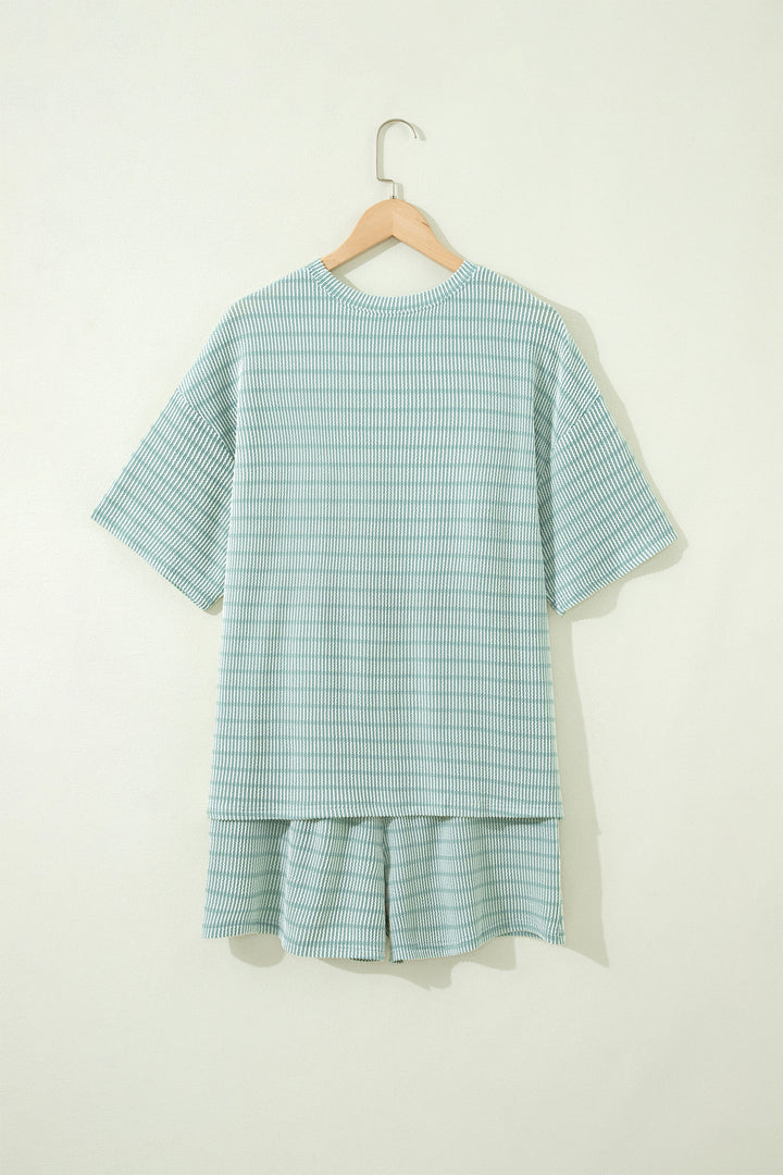 Rose Stripe Raised Rib Loose Tee Drawstring Elastic Waist 2pcs Short Set