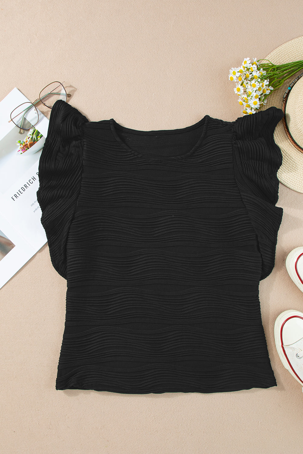 Black Wavy Textured Ruffle Sleeve Top