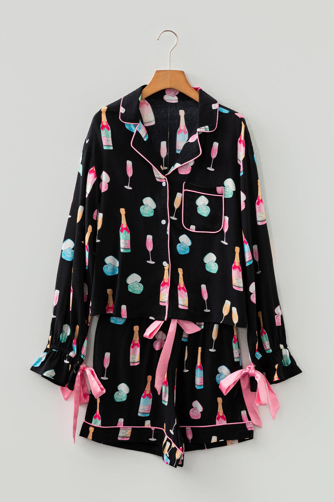 White Christmas Wine Glass Print Bow Knot Two Piece Pajama Set