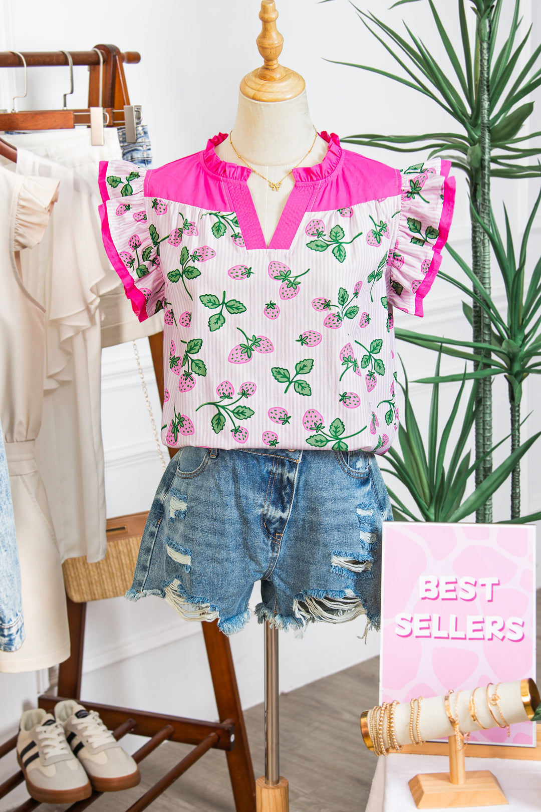 Pink Striped Strawberry Printed Color Block Patchwork V Neck Flutter Sleeve Blouse