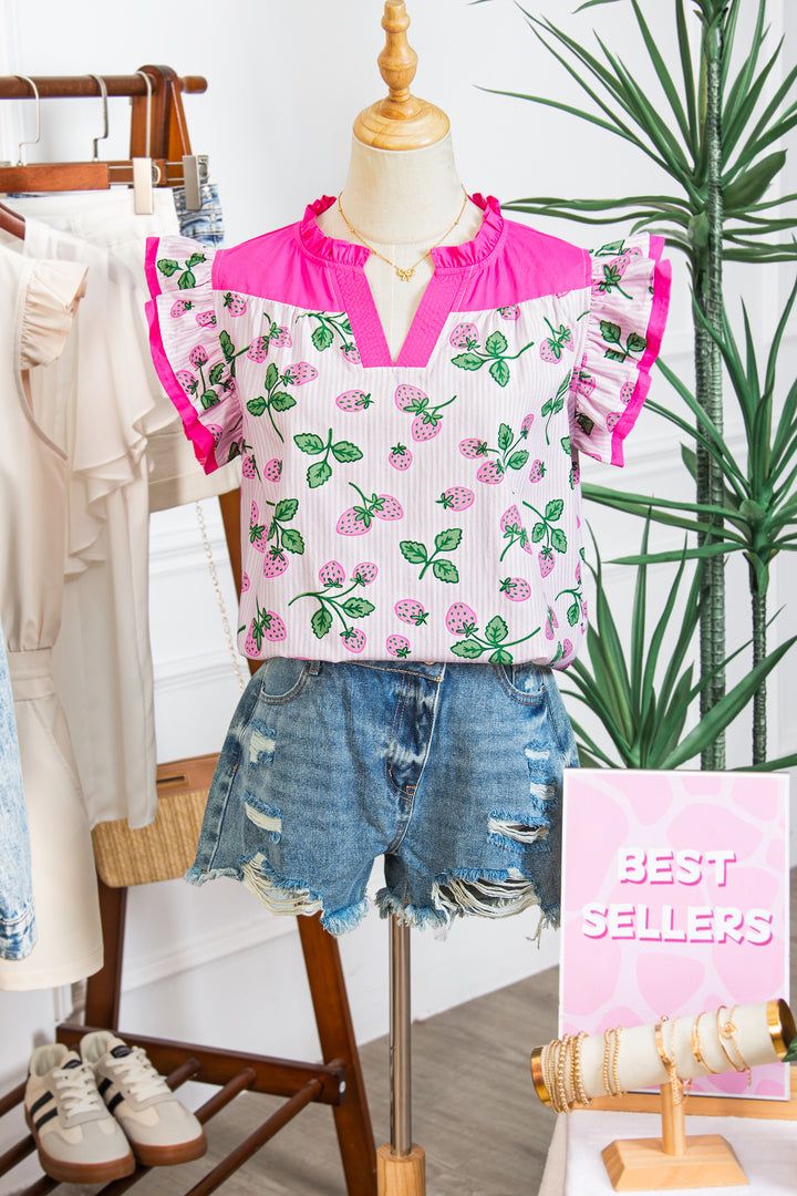 Pink Striped Strawberry Printed Color Block Patchwork V Neck Flutter Sleeve Blouse