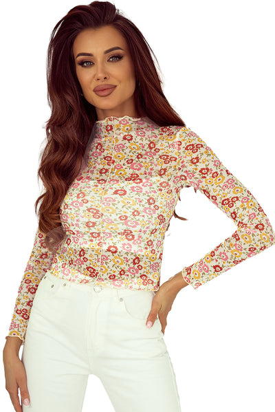 Multicolor Floral Lettuce Hem Long Sleeve Top