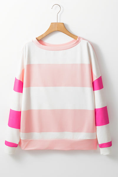 Light Pink Colorblock Striped Drop Shoulder Long Sleeve Top