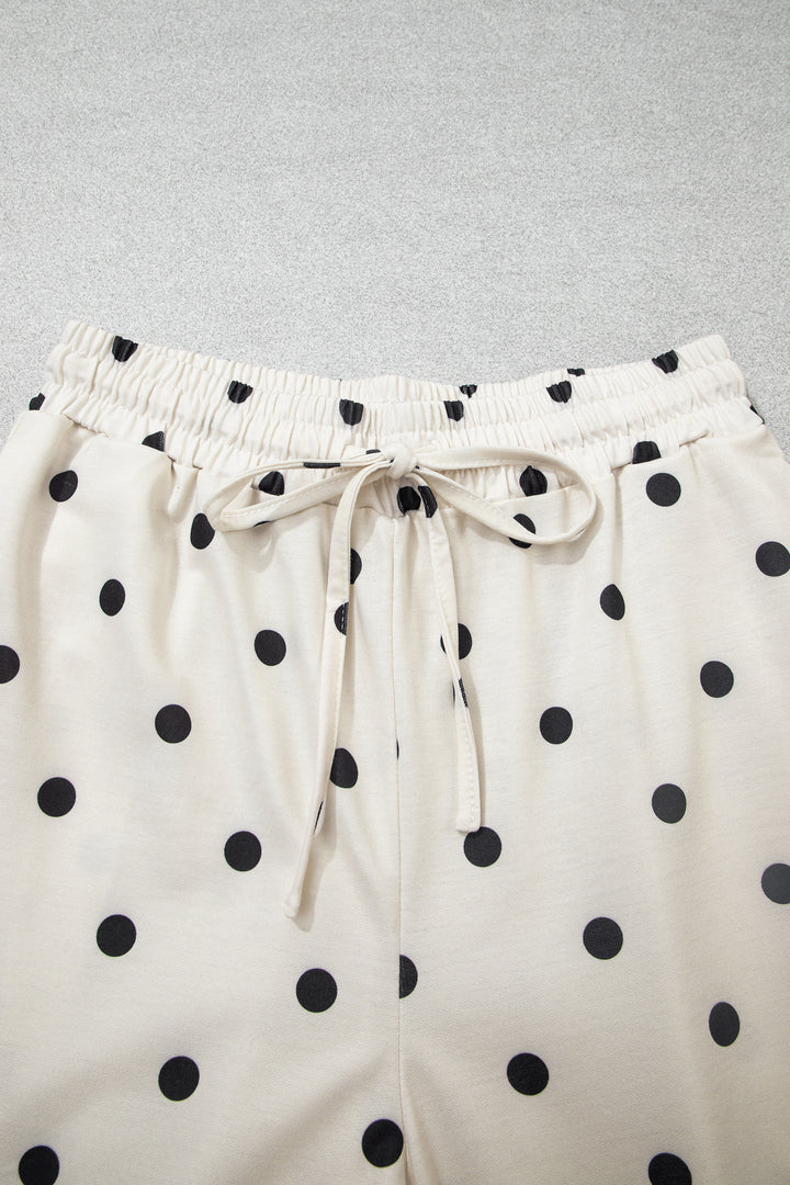 Beige Polka Dot Half Sleeve Loose Top Elastic Waist Casual Pants Set