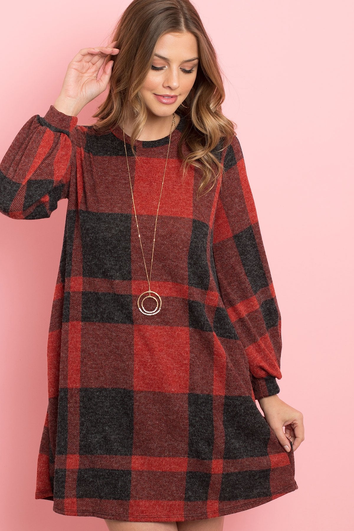 Round Neck Puff Sleeved Plaid Knee Length Dress