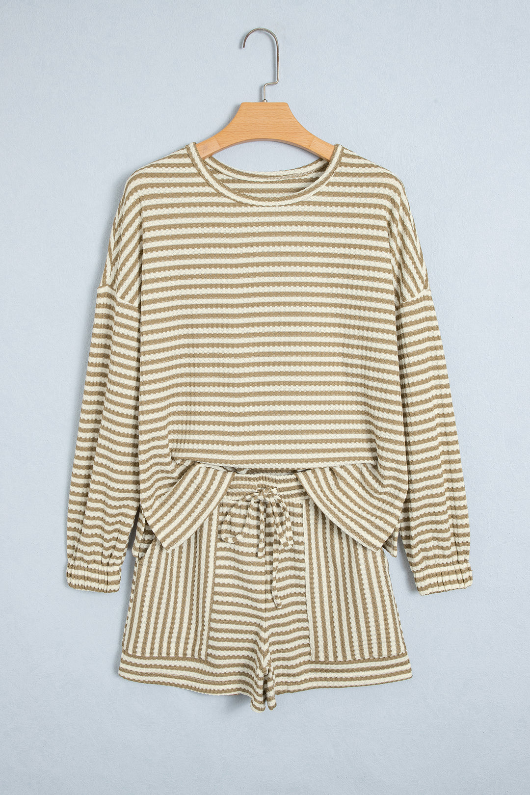 Brown Stripe Textured Knit Long Sleeve Top Elastic Waist Shorts Casual Outfit