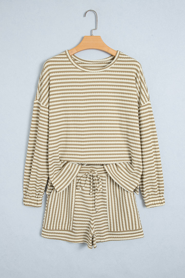 Brown Stripe Textured Knit Long Sleeve Top Elastic Waist Shorts Casual Outfit