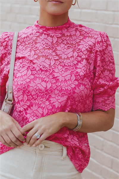 Pink High Neck Lace Short Sleeve Top