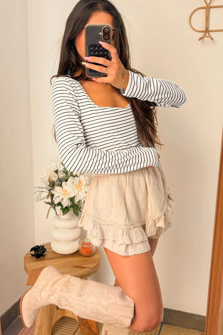 White Stripe Square Neck Long Sleeve Top