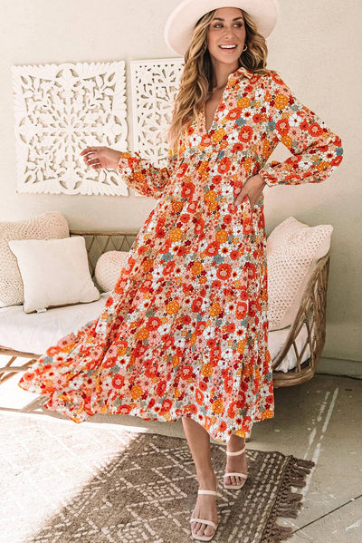 Multicolor Boho Floral Collared Long Sleeve Ruffled Dress