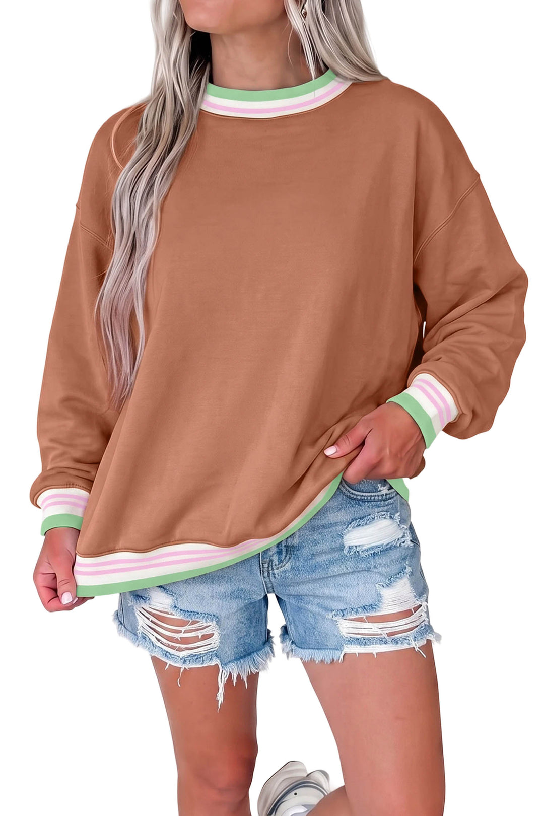 Racing Red Contrast Striped Trim Baggy Pullover Sweatshirt