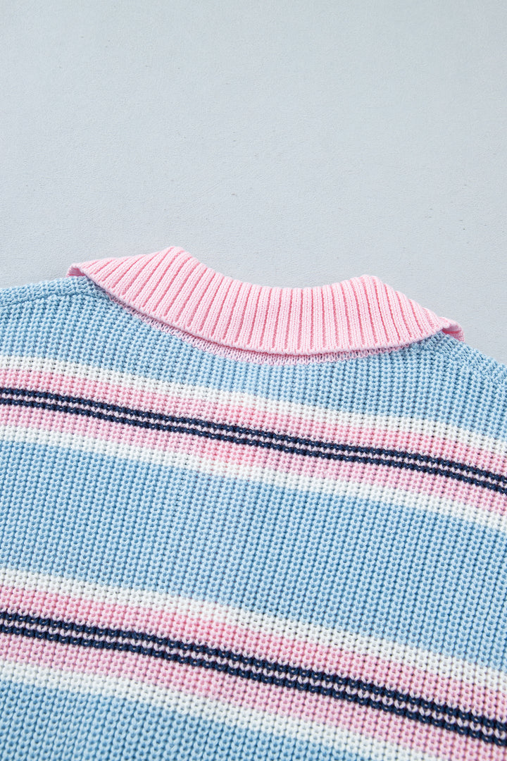 Sky Blue Stripe Striped Button Collar Long Sleeve Shift Fit Winter Knitwear Sweater