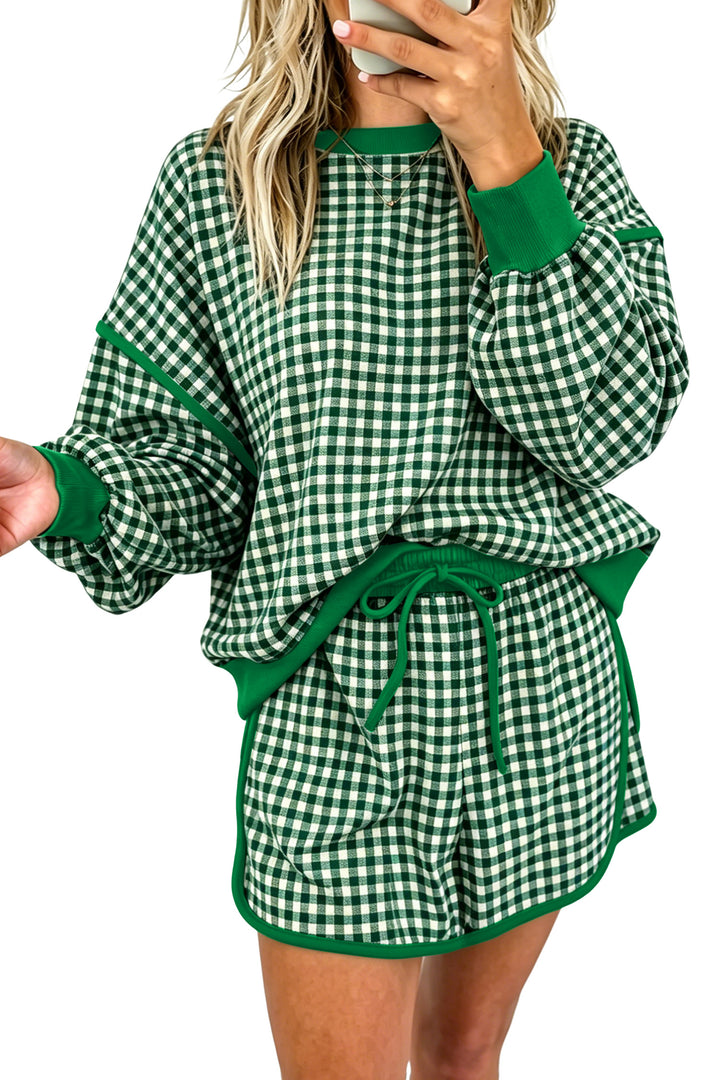 Red Gingham Oversized Ribbed Trim Crew Neck Long Sleeve Top and Skort Set
