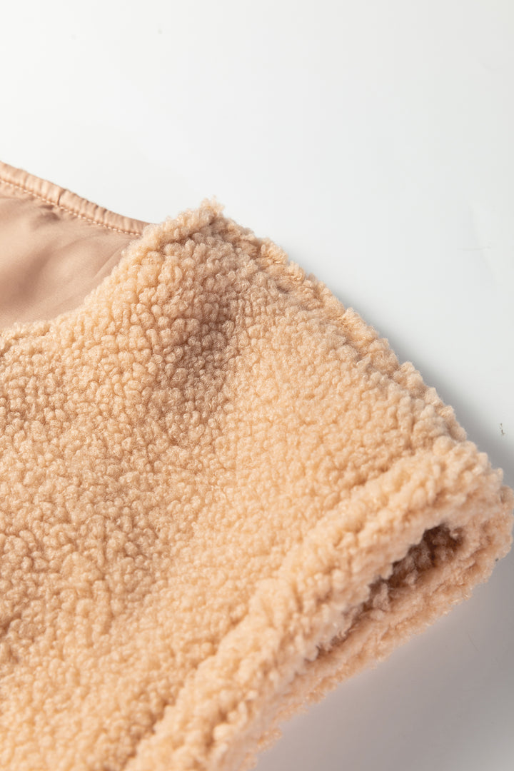 Light French Beige Big Button Accent Fuzzy Pocket Vest