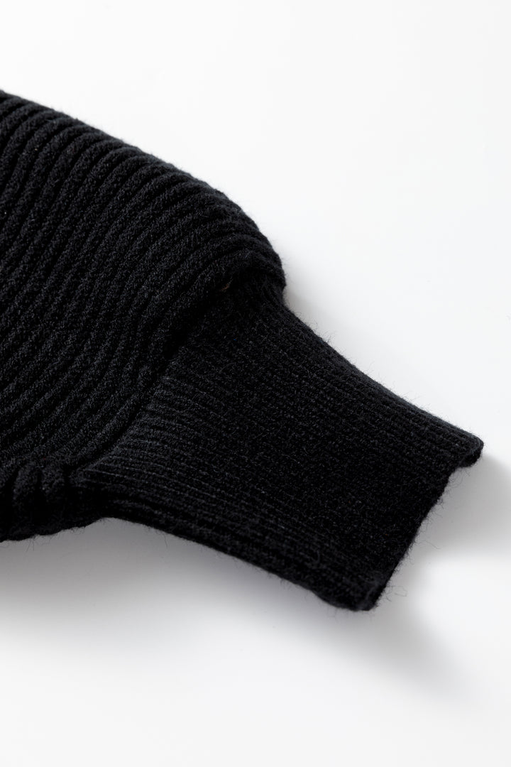 Black High Neck Puff Sleeve Sweater Pleated Mini Skirt 2pcs Knitted Outfit