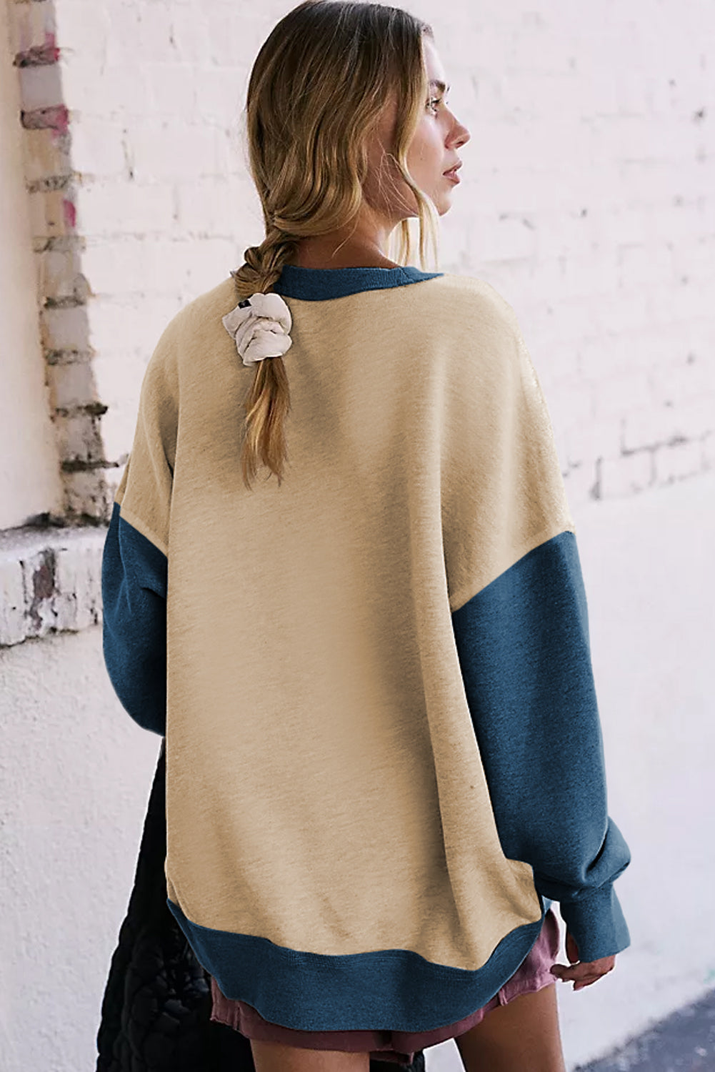 Parchment Color Block Thumbhole Sleeve Drop Shoulder Sweatshirt