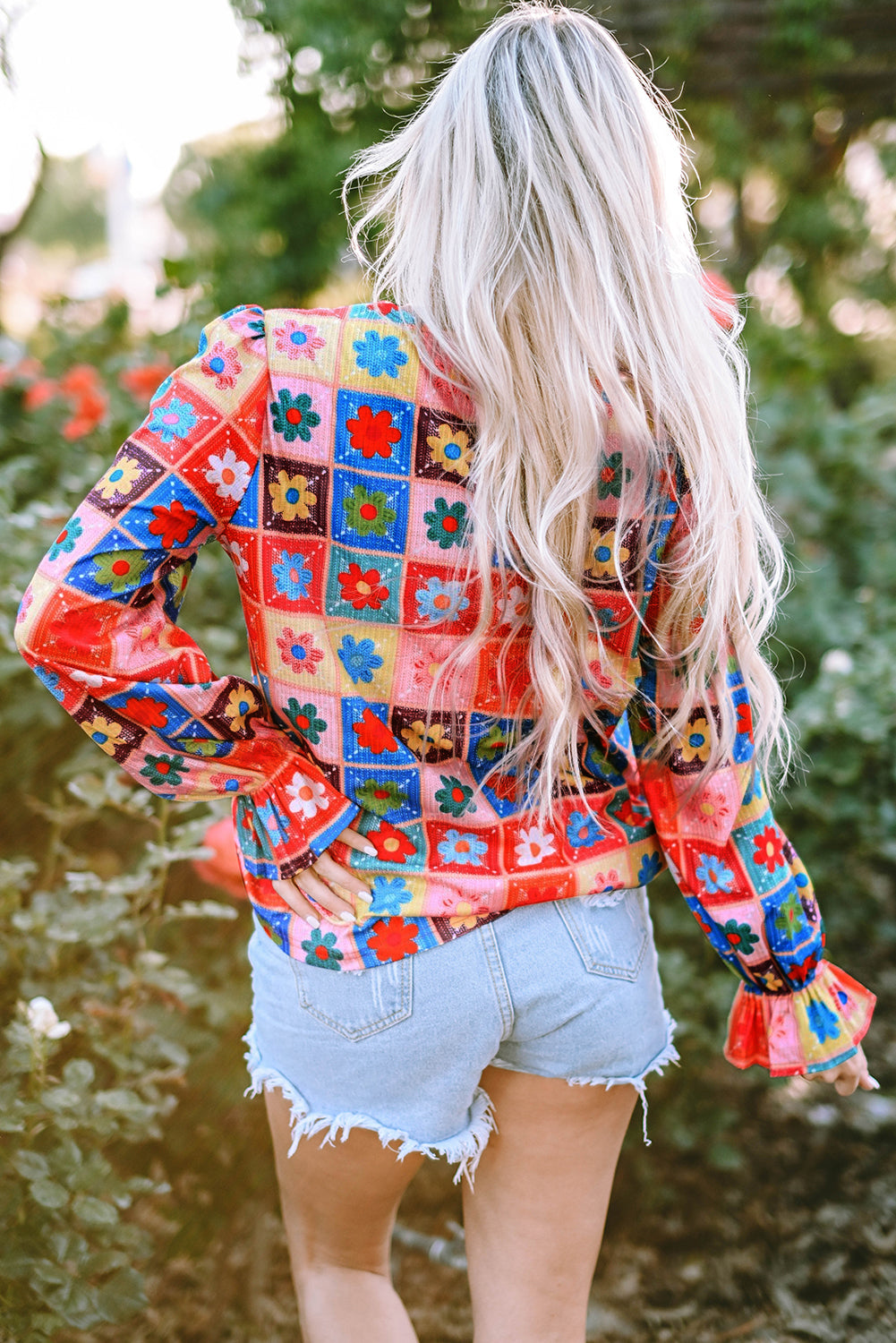 White Checkered Flower Print Bubble Sleeve Blouse