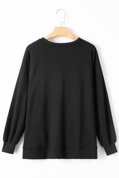 Black Solid O Neck High Low Hem Pullover Sweatshirt