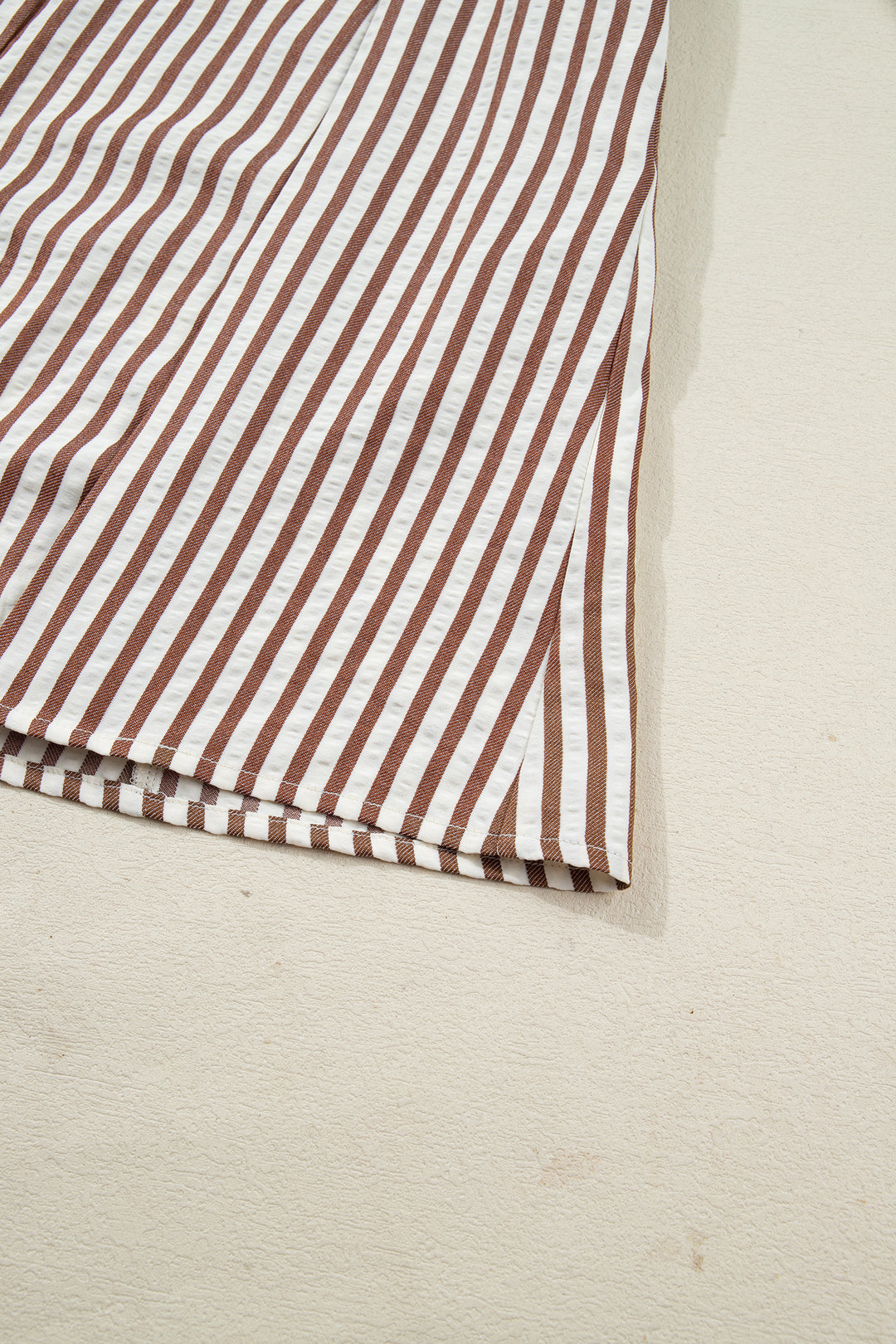 Brown Stripe Knot Waist Puff Sleeve Button Down Mini Shirt Dress