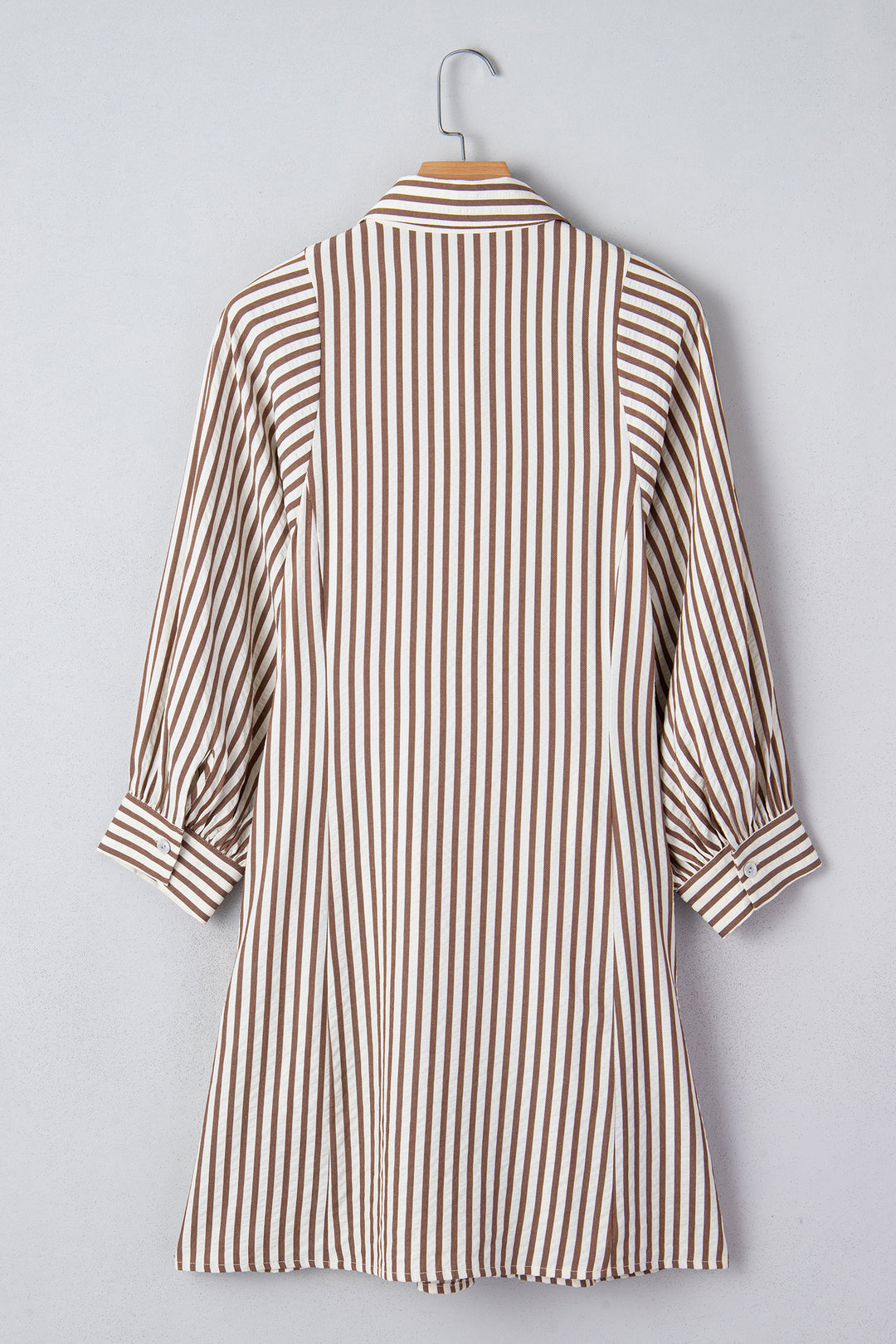 Brown Stripe Knot Waist Puff Sleeve Button Down Mini Shirt Dress