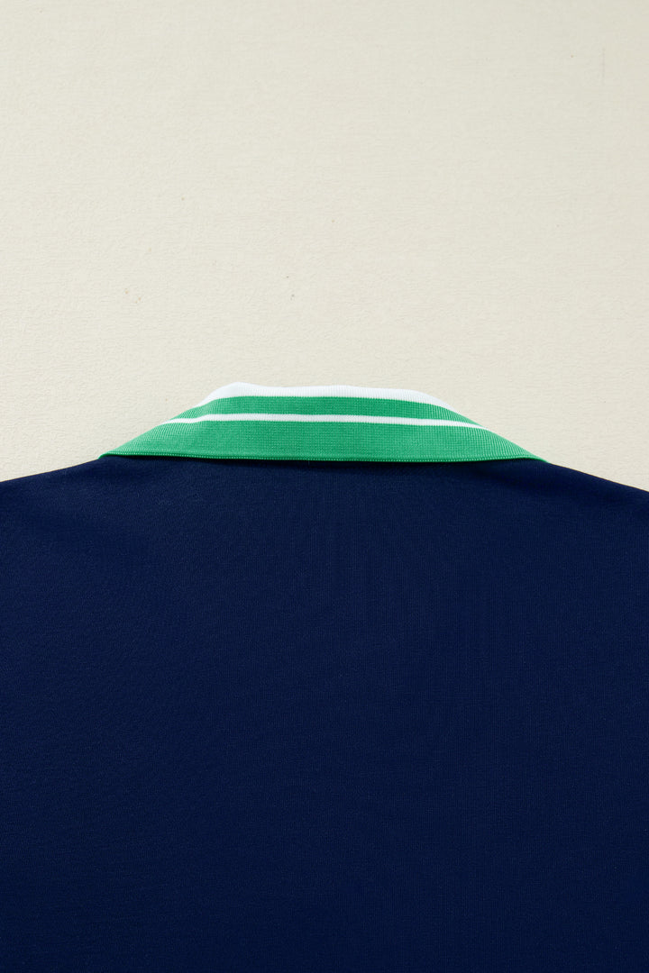 Navy Blue Contrast Striped Cuffs Polo Collar Patchwork Long Sleeve Ruffle Hem Mini Dress