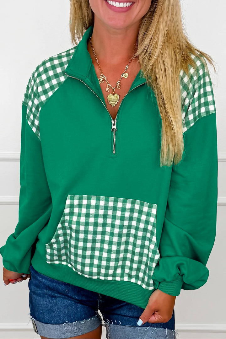 Navy Blue Patchwork Plaid Pocket Quarter Zip Sweatshirt