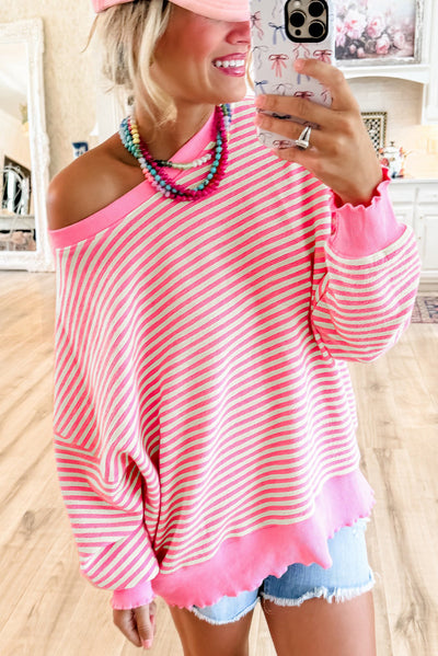 Pink Stripe Loose Drop Shoulder Long Sleeve Top