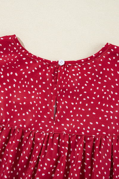 Fiery Red Dotted Ruffle Sleeve Crew Neck Ruched Blouse