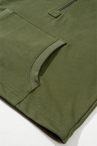 Moss Green Solid Kangaroo Pocket Half Zipper Oversized Hoodie