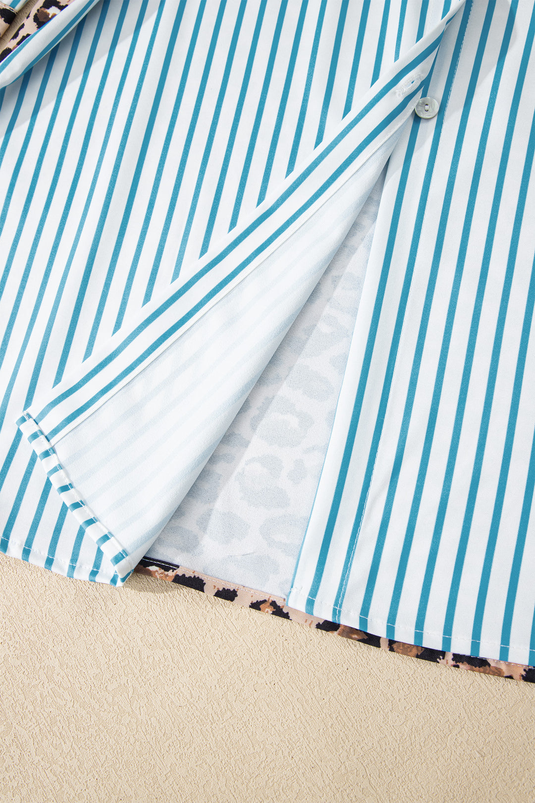 Sky Blue Stripe Contrast Leopard Patchwork Long Shirt Dress with Slits