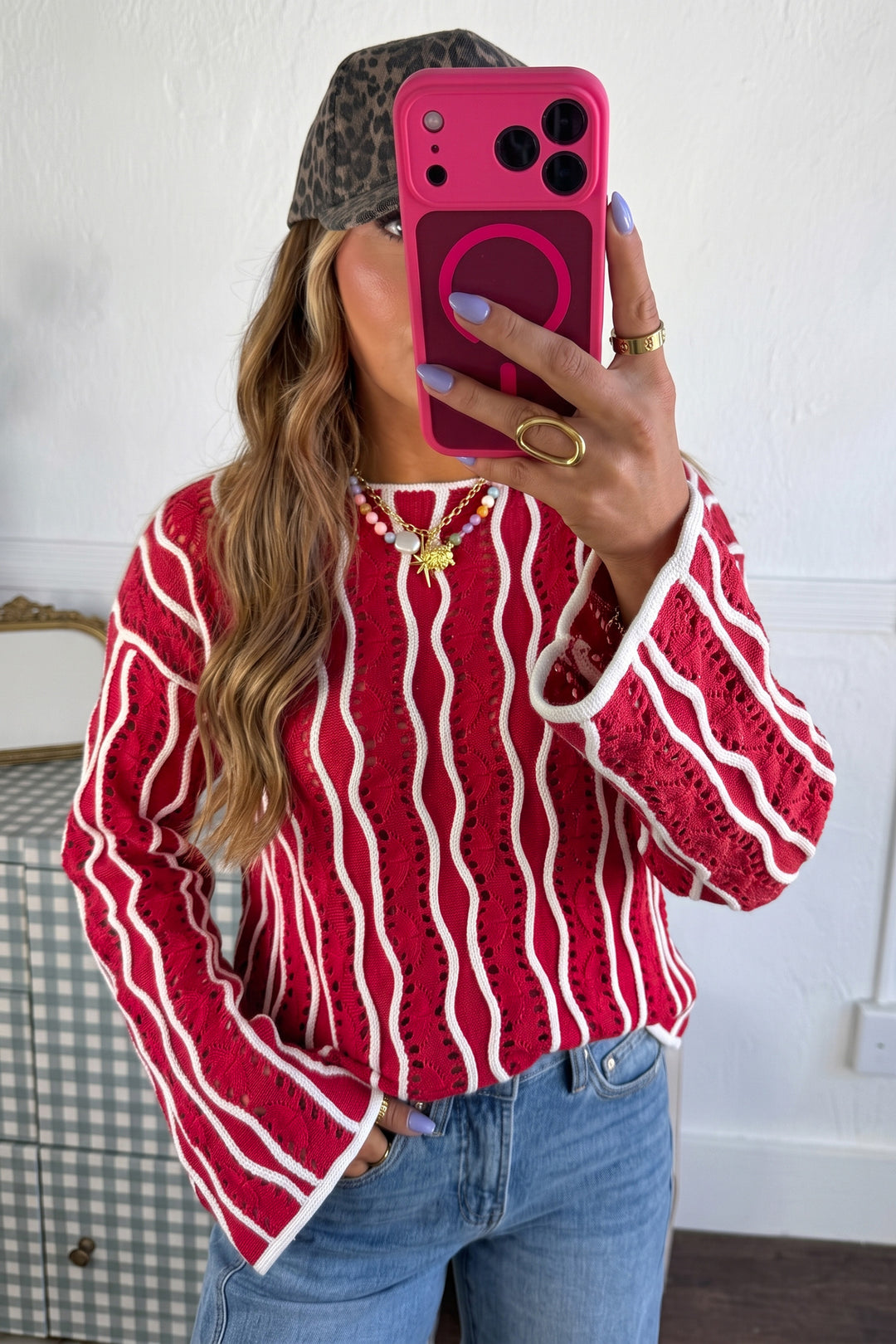 Racing Red Wavy Detail Hollow Out Knit Long Sleeve Cotton Pullover Sweater