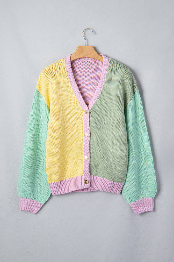 Yellow V Neck Drop Shoulder Patchwork Regular Wash Knitwear Cardigan