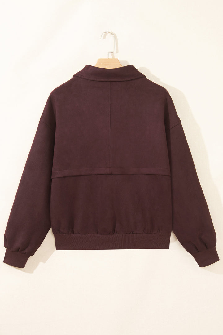 Chicory Coffee Solid Zip-up Metal Placket Collar Long Sleeve Jacket