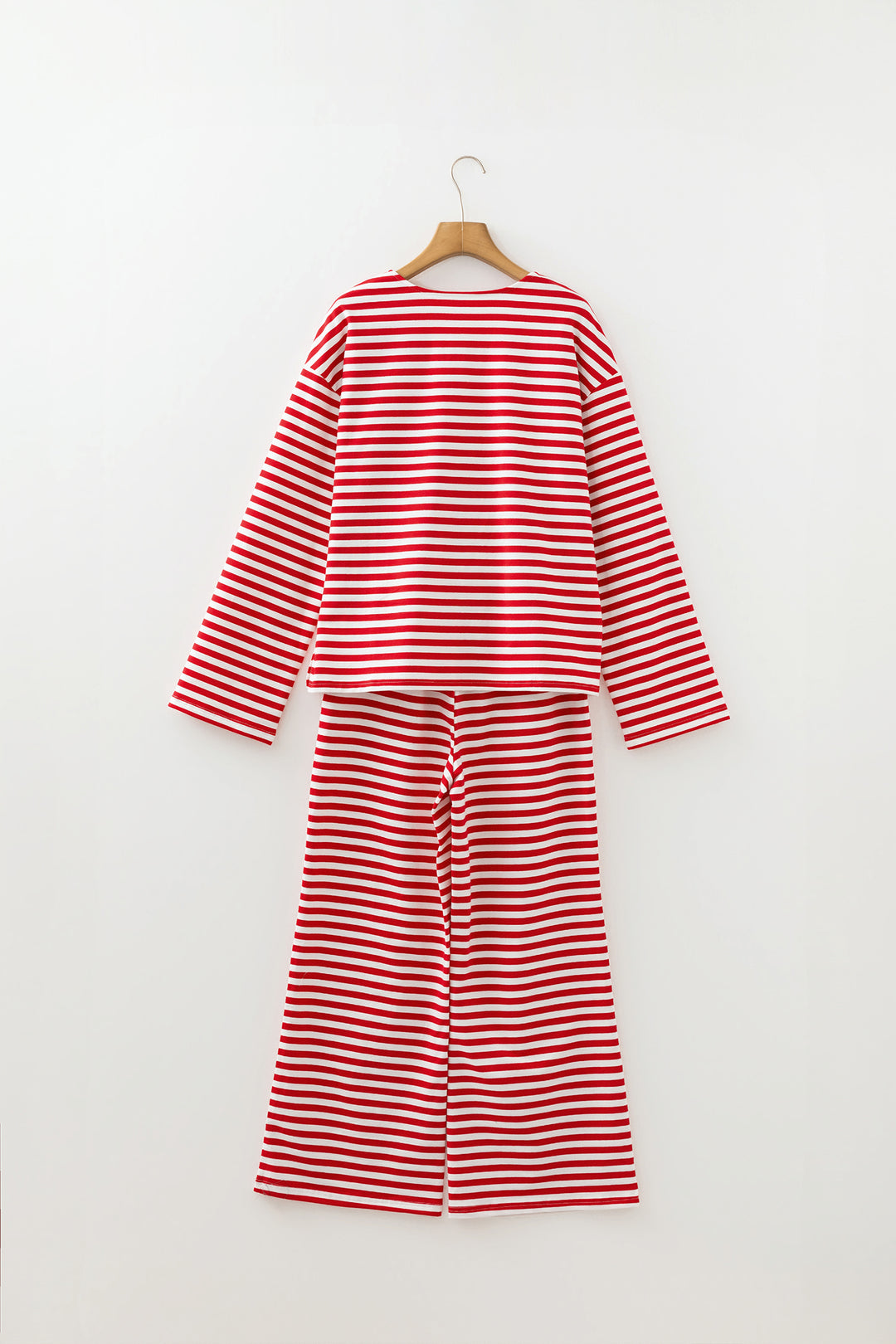 Red Stripe Drop Shoulder Long Sleeve Top Lounge Pants 2pcs Set