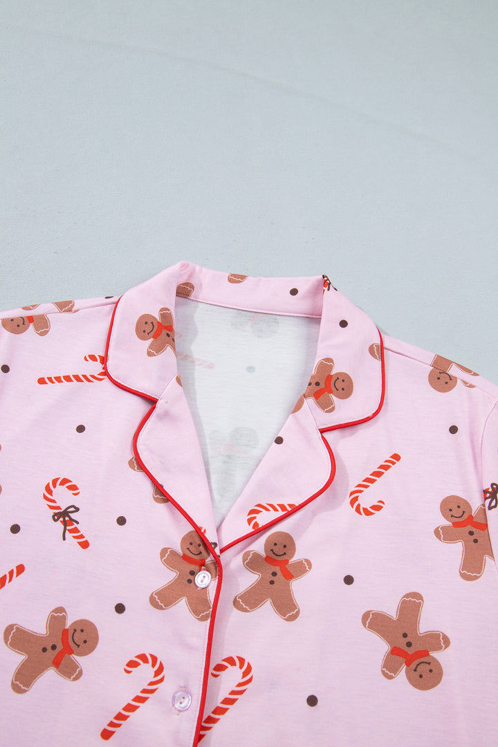 Pink Short Sleeve Placket Shell Button Elastic Waist Lounge Set