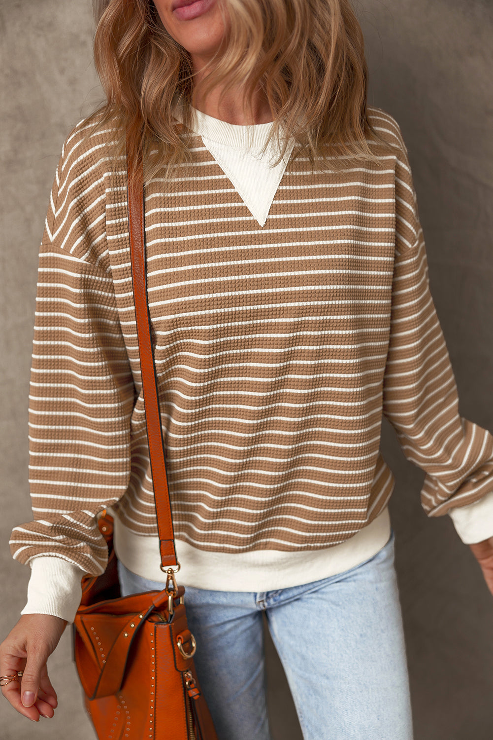 Khaki Stripe Patched Edge Textured Round Neck Long Sleeve Top