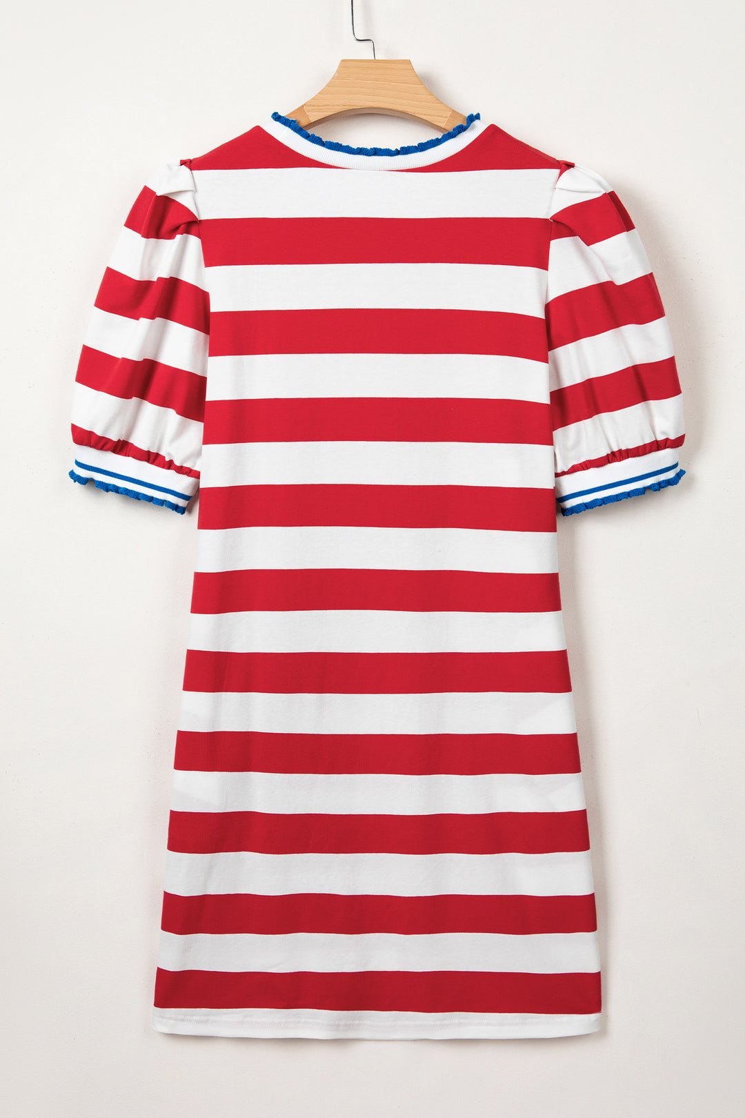 Blue Stripe Contrast Trim Round Neck Short Puff Sleeve Shift Mini Dress