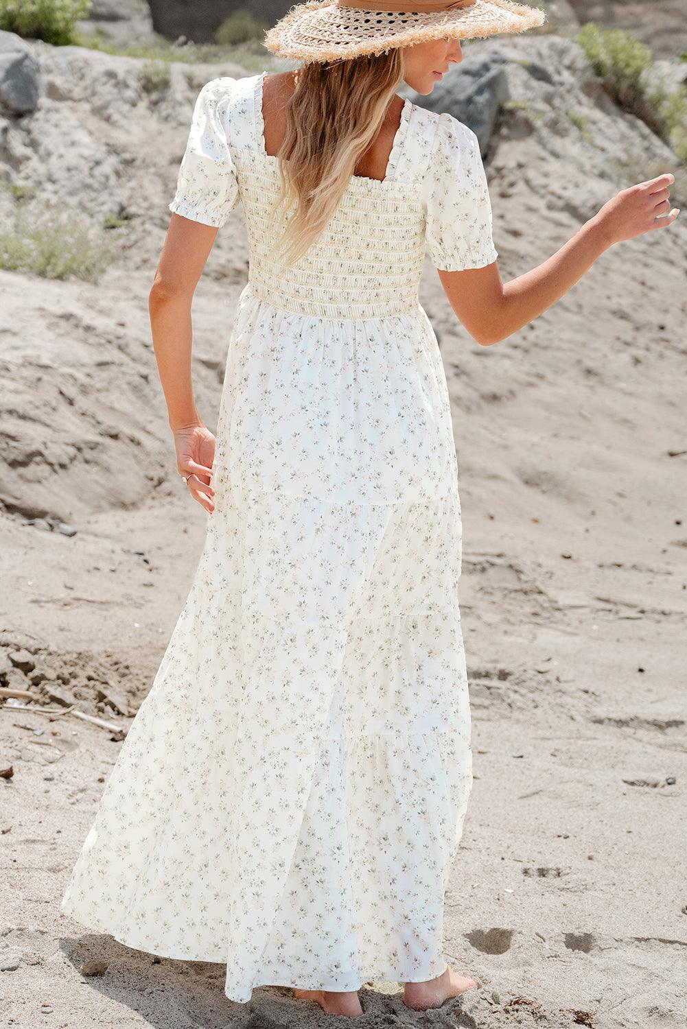 White Frilly Shirred Bodice Tiered Floral Maxi Dress