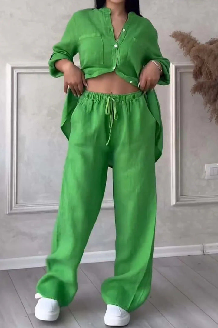 Wide-Leg Pants &amp; Lace-Up Top Two-Piece Set – Solid Color, 12 Colors S–5XL